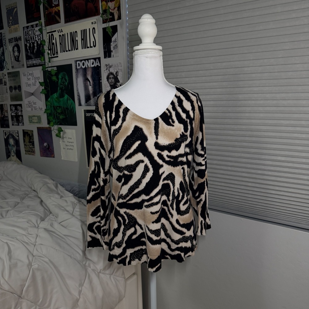 Early 2000s Chicos Zebra Print Top Womens Size S Black Tan Animal Print‎